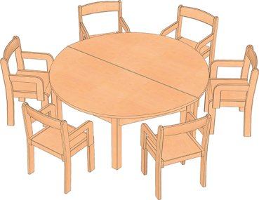 Gruppenraum Set: 2 Halbrundtische mit 6 Armlehnenstühlen