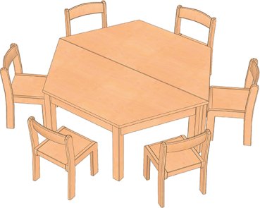 Gruppenraum Set: Trapeztische ( 2x ) mit 6 Armlehnenstühlen