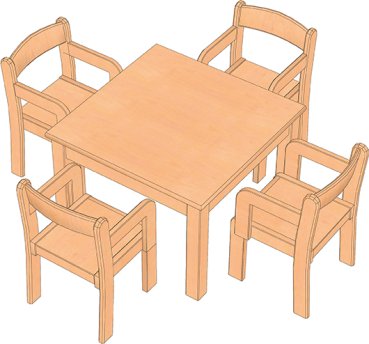 Gruppenraum Set: Quadrattisch mit 4 TIM Kindergarten Armlehnenstühlen
